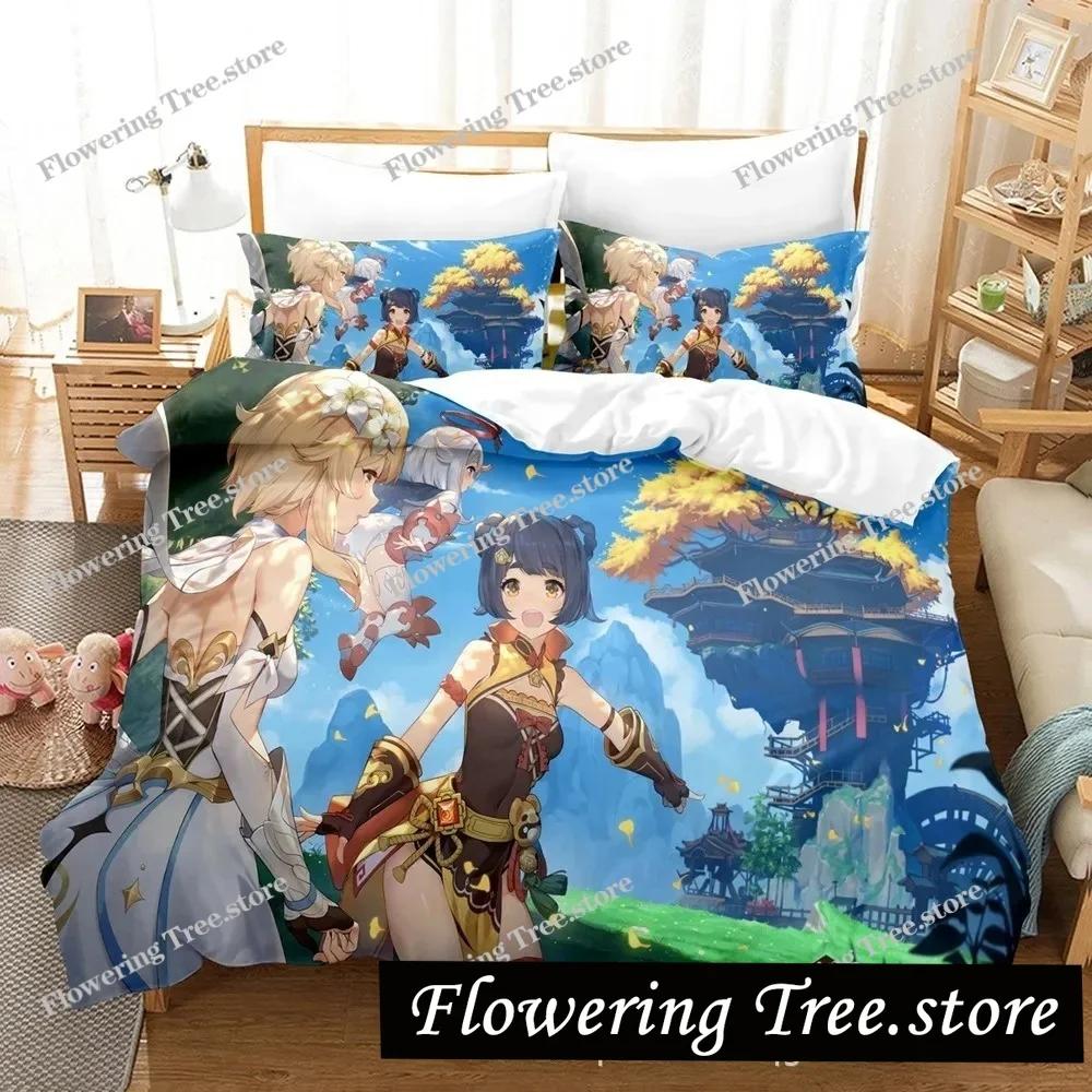 Genshin Impact Bedding Set Purple Keqing Soft Microfiber Duvet Cover Pillowcase Queen King Ganyu Duvet Cover Sets