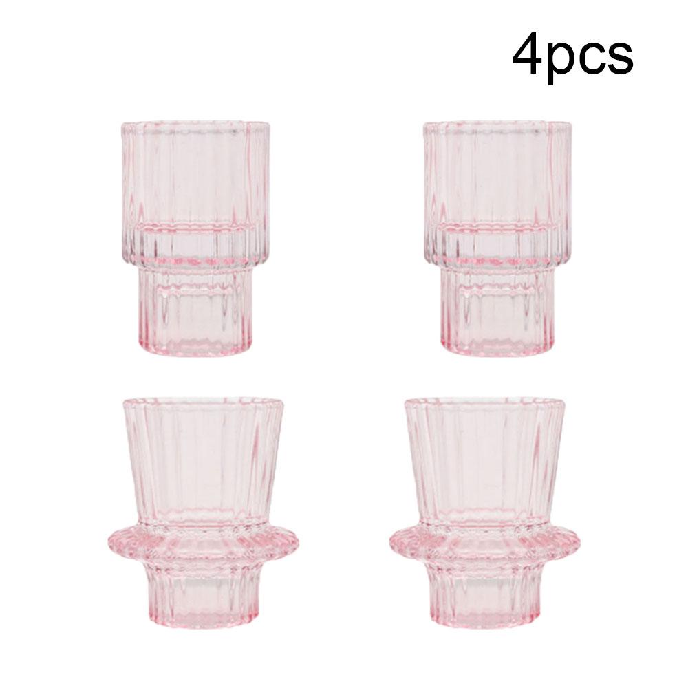 4 PCS Pink Glass Vertical Stripes Home Decor Candle Holders Wedding Decoration Table Centerpieces Accessories Candlesticks