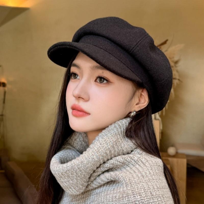 Women S Solid Color Wool Blend Octagonal Newsboy Cap Korean Style Versatile Warm
