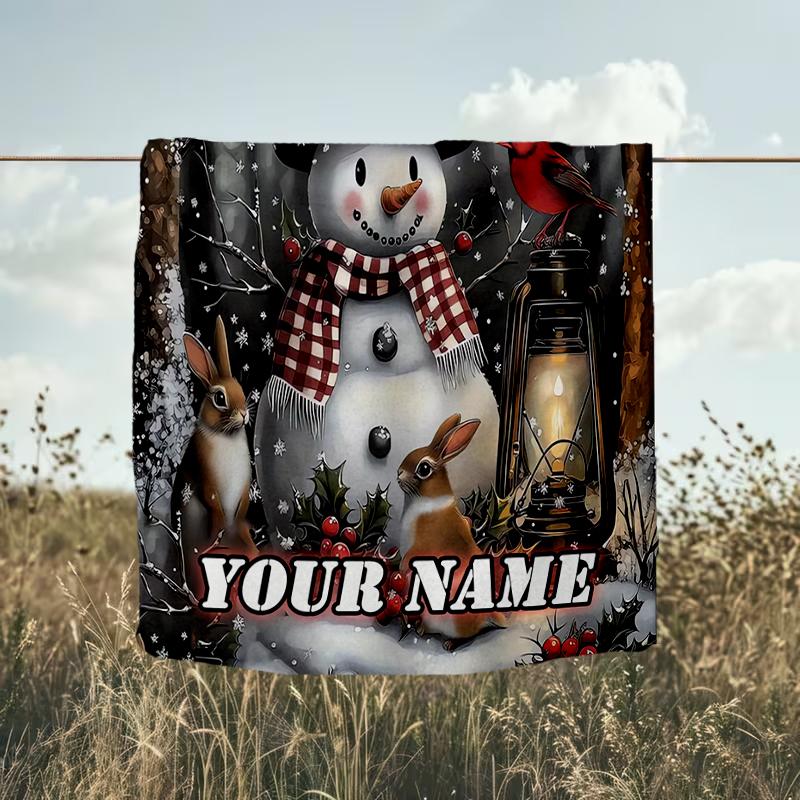 1PC Custom Name Winter Snowman Lantern Scene outdooor Flannel blankets Throw Blanket All-Season Throw Gift Bedspread for Couch, Bed, Camping Holiday B