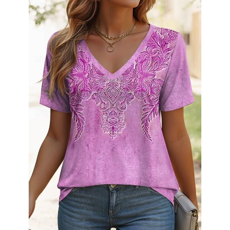 T-Shirt Vintage Graphic Fashion Short Sleeved V-Neck Regular Tops Daily Print Tee Summer Spring Casual Tops