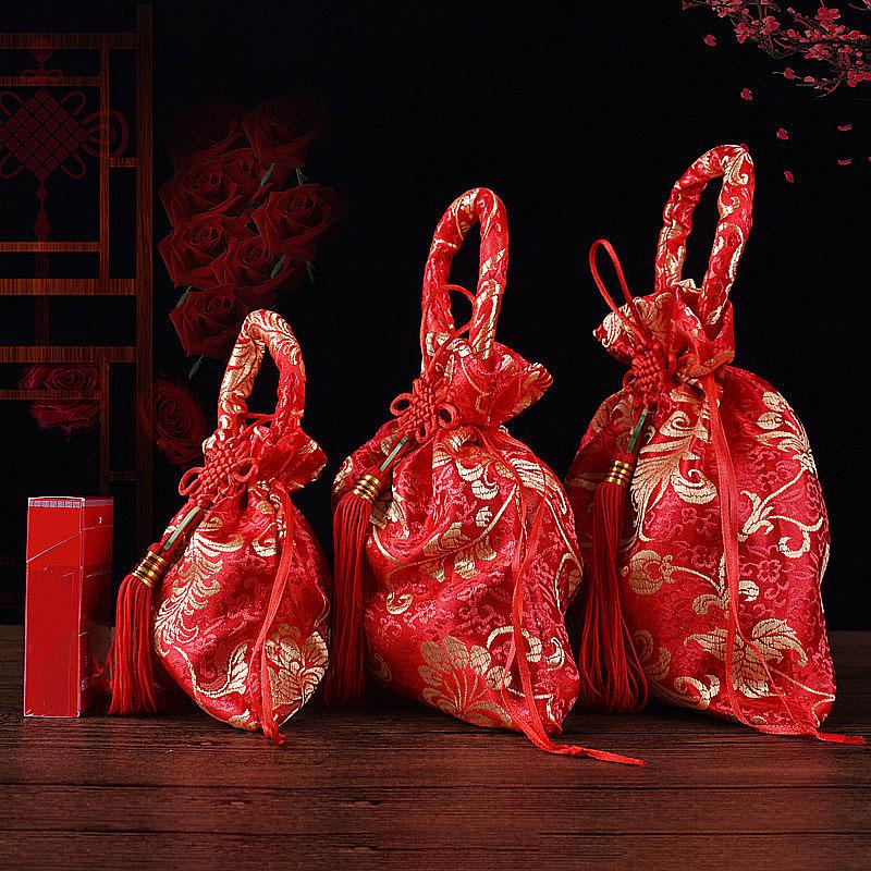 10pcs Chinese Style Canvas Flower Drawstring Bag Large Capacity Korean Style Festive Sugar Bag Wedding Handheld Candy Bags