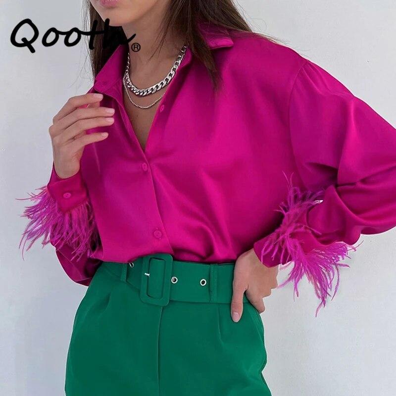 

Женская блузка Qooth с перьями из ледяного шелка, элегантная блузка с отложным воротником и длинными рукавами QT2294