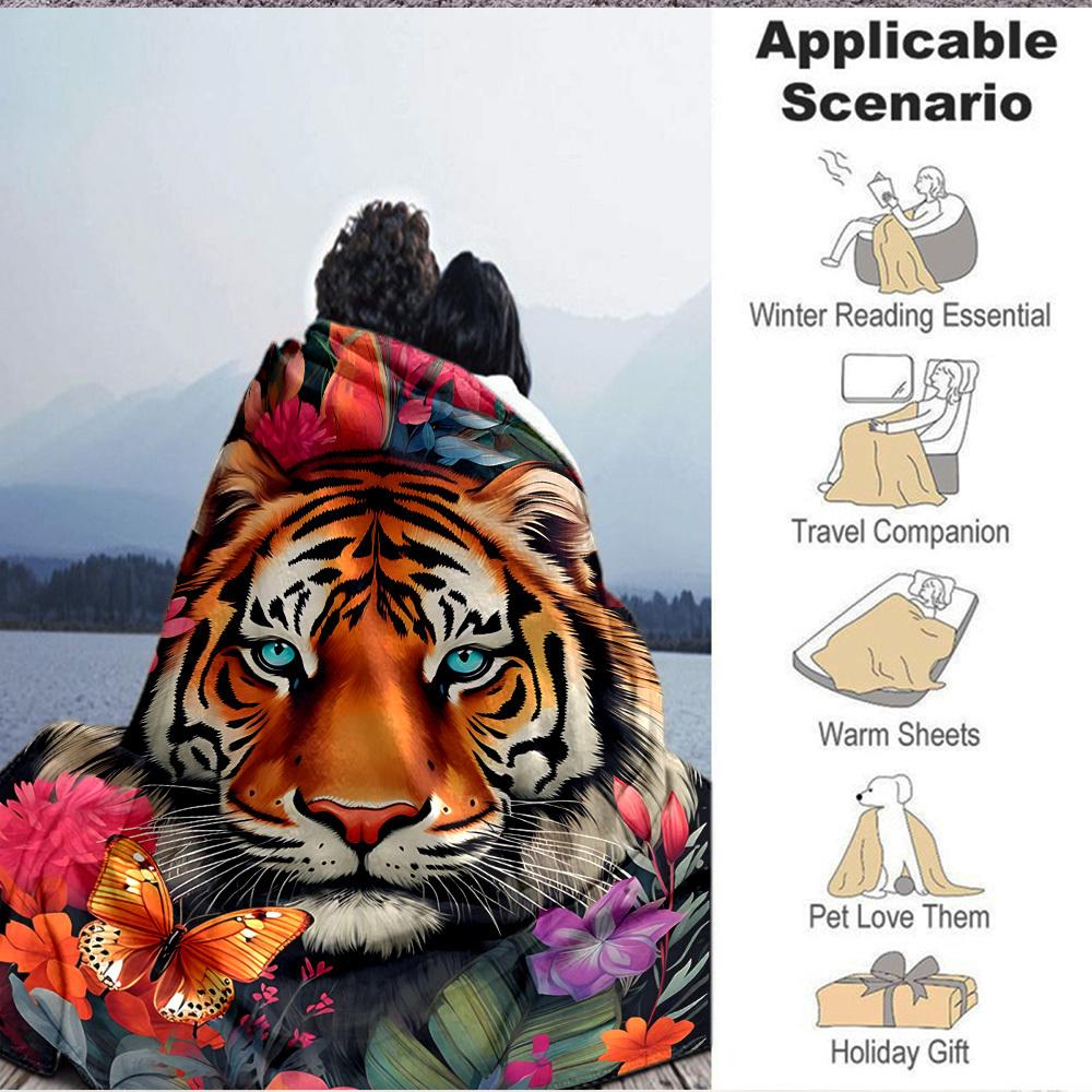1PC Tiger Floral Print Blanket, Throw For Sofa, Bed, Travel, Camping, Livingroom, And Bed, Printing Blanket With Soft And Warm Fabric Yy250918136