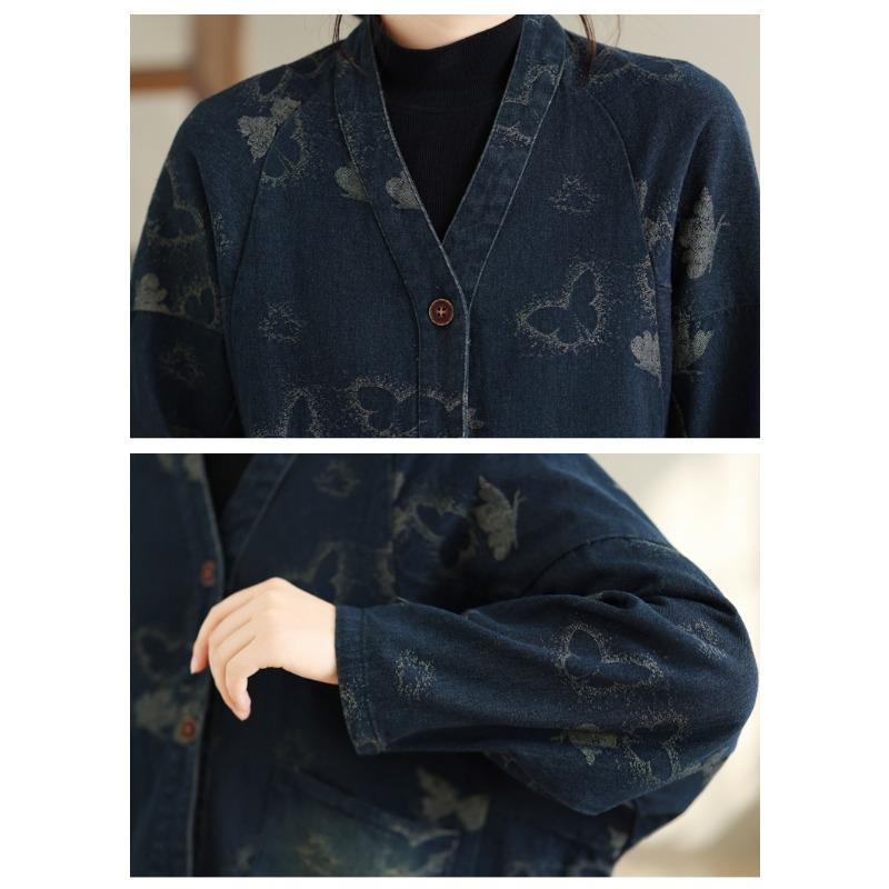 DIMANAF 2026 Autumn Winter Plus Size Women Denim Jackets Coat Casual Long Sleeve Blue Print Floral Loose Buttons Vintage Outwear