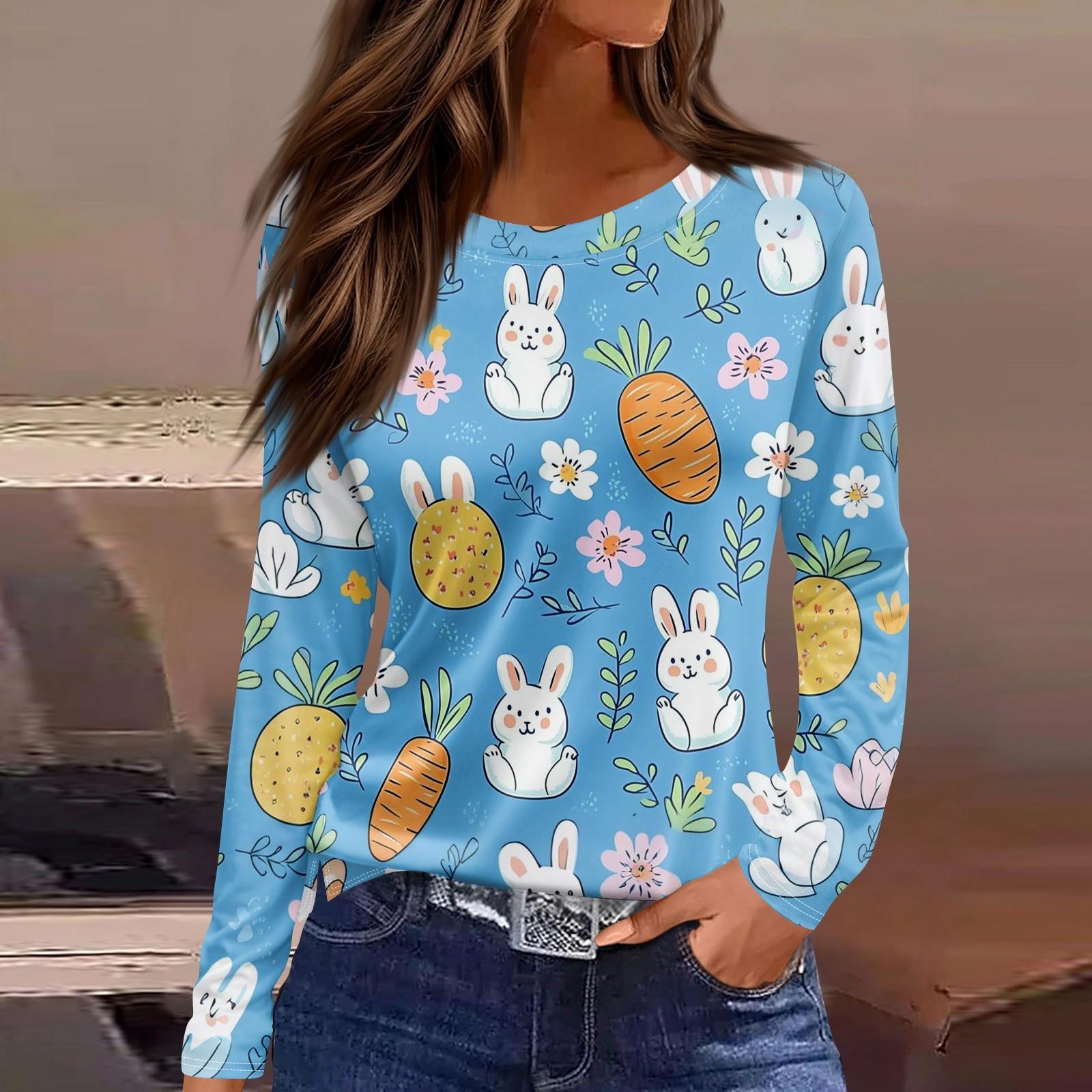 Women s Fashion Casual Slit Hem Round Neck Long Sleeve Loose Printed T-Shirt Ladies Top L синий