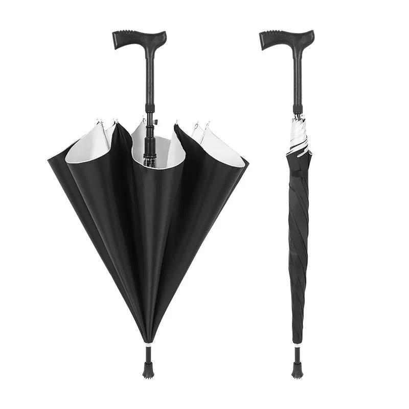 Classic Long-Handled Sun Protection Cane Umbrella, Solid Color, Multifunctional, Windproof, Sunshade Umbrella for the Elderly, Hiking Umbrella