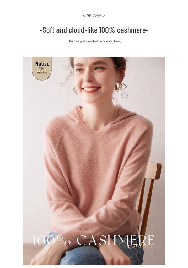 Women's 100% Pure Cashmere Hooded Sweatshirt - Autumn/Winter Long Sleeve Pullover Sweater.
