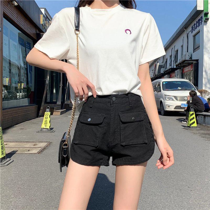 Women s 2022 Summer High-Waist A-Line Denim Cargo Shorts with Pockets S чёрный