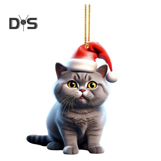 Christmas Cat Pendant Acrylic Santa Hat Cartoon Cat Hanging Decoration Key Ring Kitten Pendant Christmas Tree Decor Gift for Cat Lovers