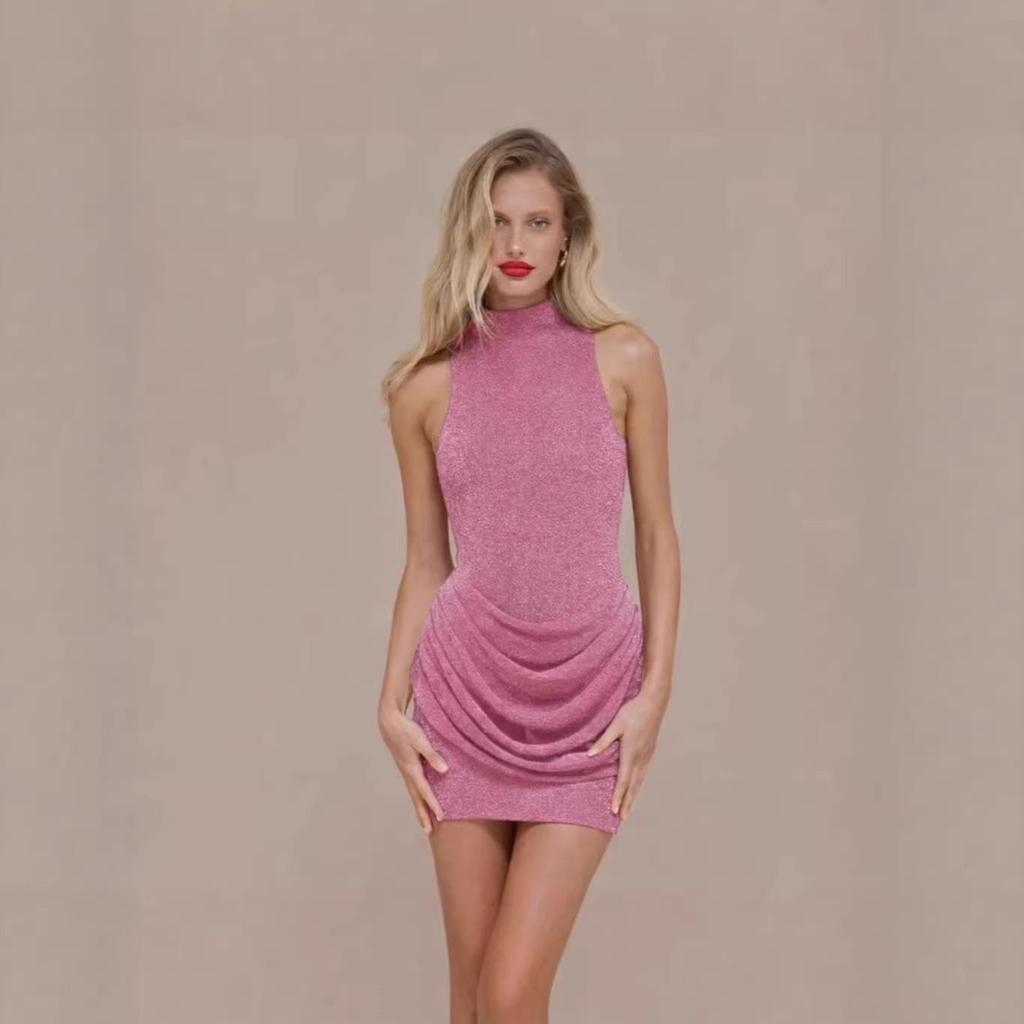 2026 Spring/Summer European & American Women's Solid Color Sleeveless Glitter Slim-Fit Short Dress