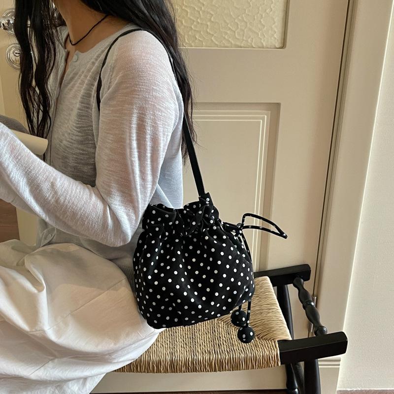 Women's Polka Dot Drawstring Shoulder Bag - Large Capacity Pleated PU Leather Crossbody for Fashion & Commute
