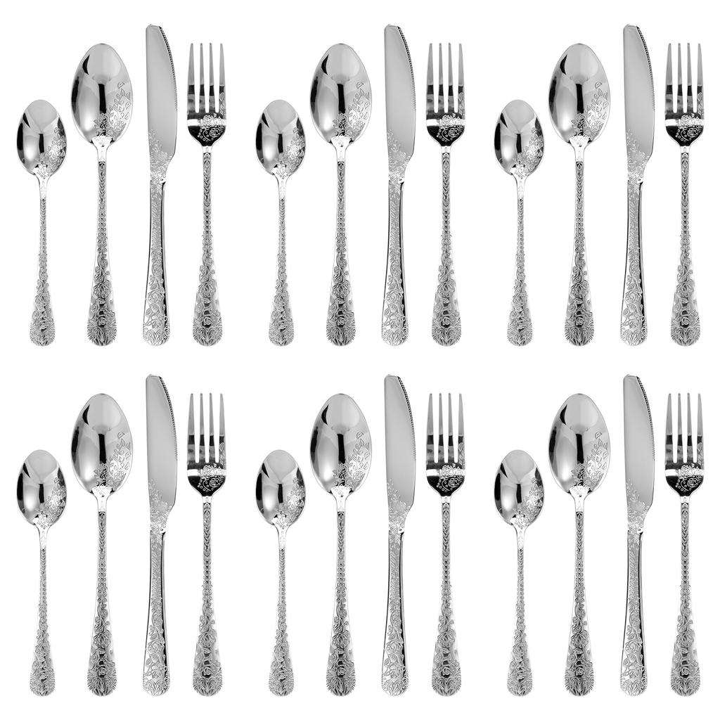 Set di stoviglie floreali da 20/24 pezzi Set di posate in acciaio inossidabile Kit coltello forchetta cucchiaio Set di stoviglie per ristorante Cucina di casa Gadget