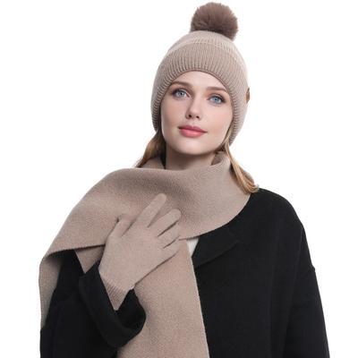 Yousheng 3Pcs/Set Women Hat Scarf Gloves Set Double-Layer Velvet Plush Ball Hat Cold Protection Scarf Touchscreen Gloves Set Ski Cycling Gear