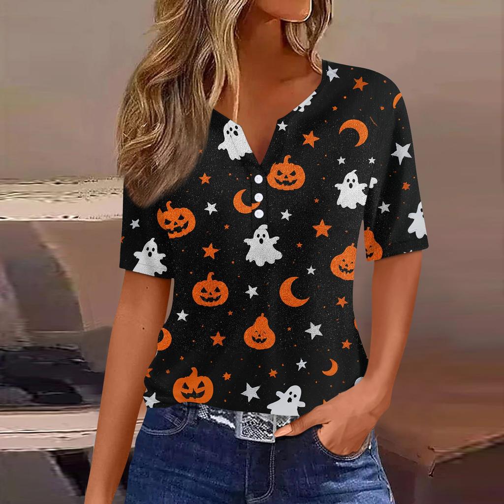 Women Casual Halloween Print V Neck Short Sleeve Button T Shirt Top Lightweight Breathable Soft Fabric Relaxed Fit