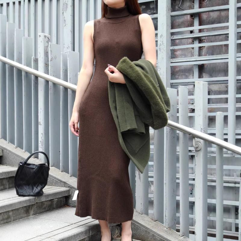 Womens 2-Piece Knit Set: Longline Cardigan Sleeveless Turtleneck Dress Casual Outfit