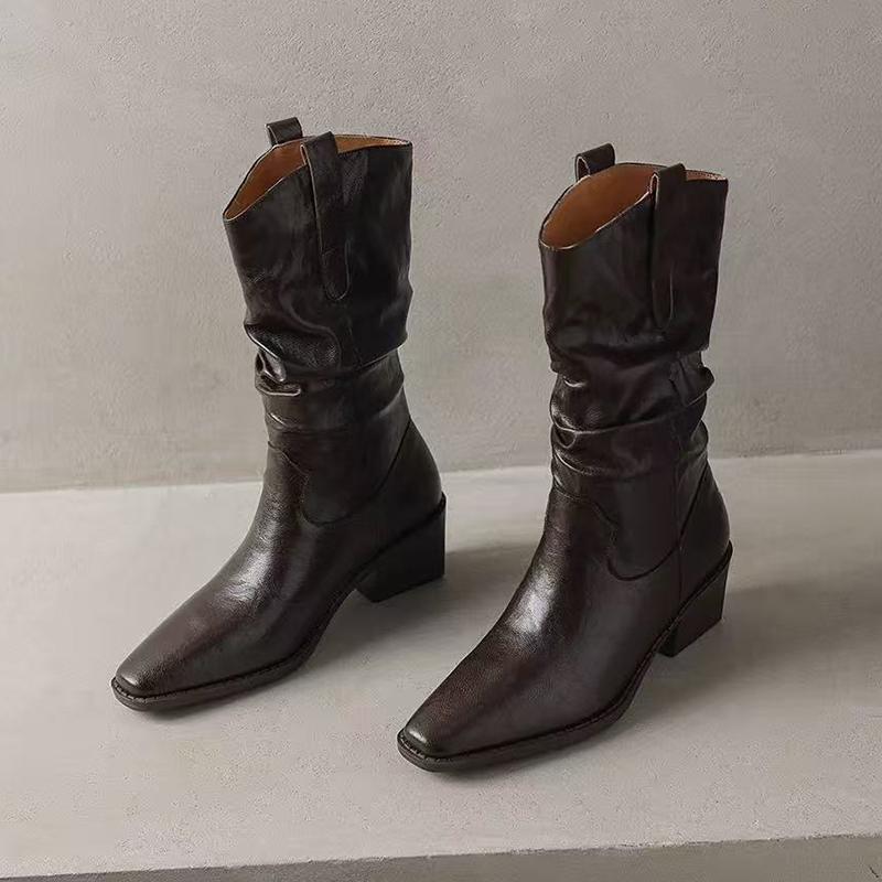 Fashion Retro Brown Pu Western Cowboy Boots Women 2025 Winter Sexy Pointed Toe Thick Heel Black Ankle Boots Designer Y2K Shoes Plus Size