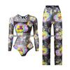 Costume da bagno intero da donna a maniche lunghe in rete con protezione solare e pantaloni