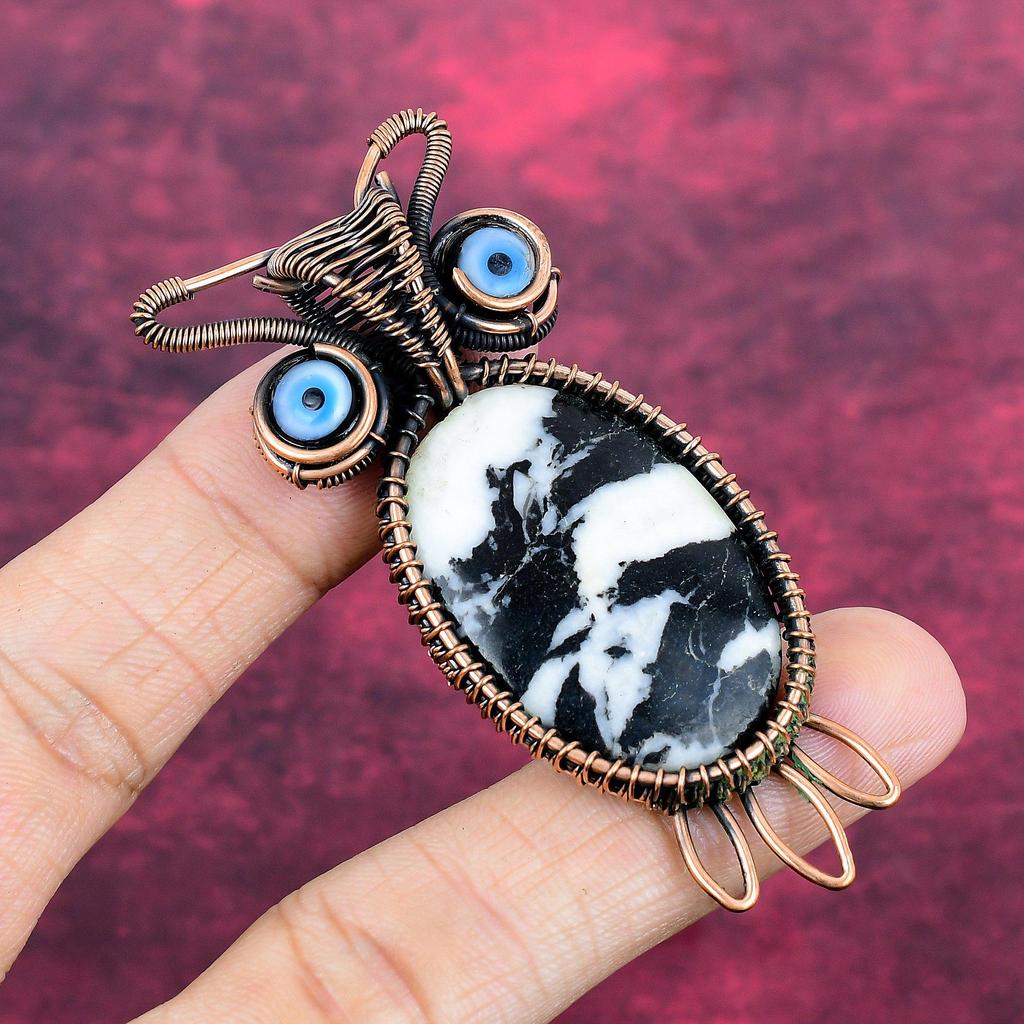 White Buffalo Turquoise & Black Evil Eye Pendant Copper Wire Wrapped Owl Pendant