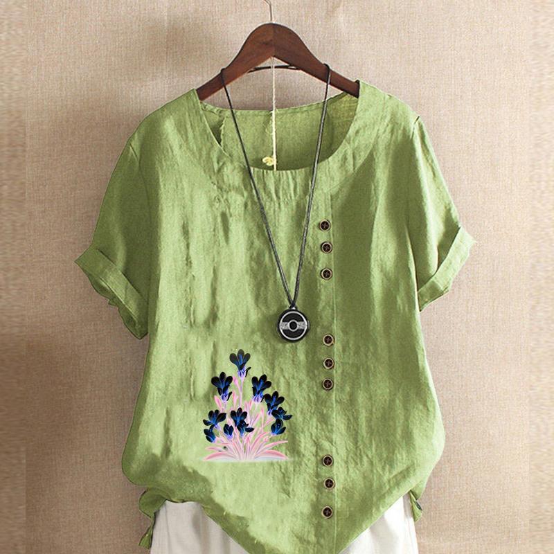 

Женская модная футболка с круглым вырезом и коротким рукавом, повседневная рубашка из хлопка и льна с рисунком, свободная летняя блузка с синим цветочным принтом, топы 5XL зелёный