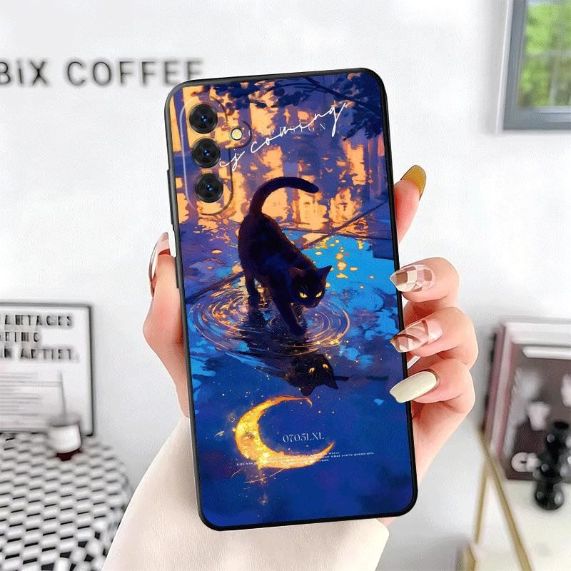 Night Moon Cat Dreamy Art Soft Phone Case for Samsung A17 A37 A57 A16 A26 A36 A56 A15 A25 A35 A55 A14 A24 A34 A54 A13 A23 A33 A5