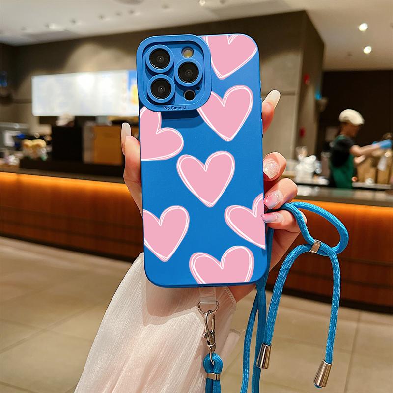 Full Screen Love Heart Lanyard Strap Phone Case For iPhone 15 14 13 12 11 Pro Max X XS XR 7 8 Plus SE  Silicone Soft Cover
