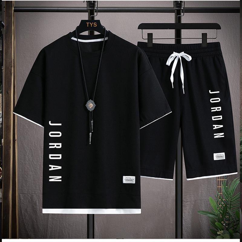 Stylish casual T-shirt + Shorts set Men's sports set Loose comfortable low Run 2025 men's summer Waffle suit