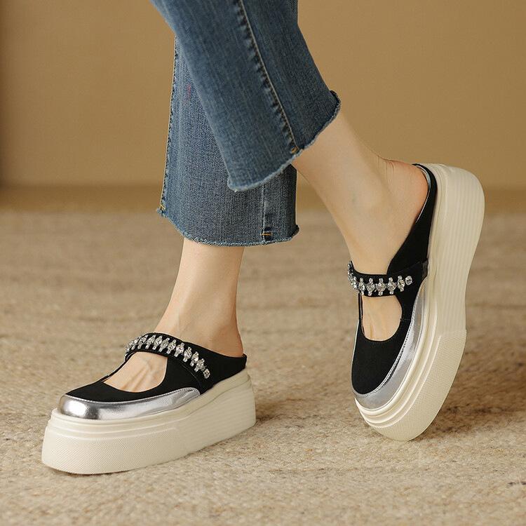 

Тапочки женские с толстой подошвой и стразами, классные тапочки 2025 года, верхняя одежда, туфли-маффины на толстой подошве, модные женские тапочки на высоком каблуке с ленивым полускольжением 39 чёрный