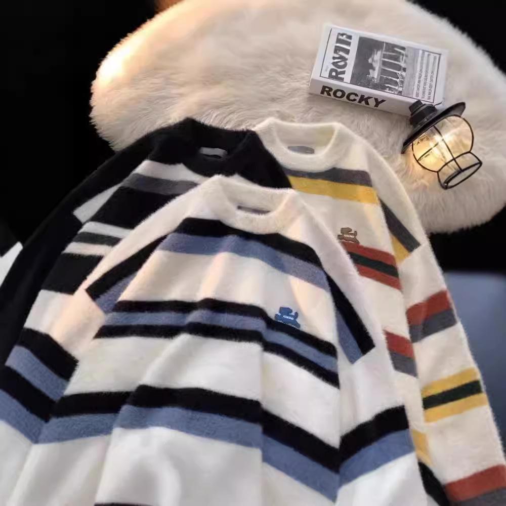 

Unisex Striped Retro Knit Cardigan - Round Neck, Loose Fit, Autumn/Winter Fashion XXL синій