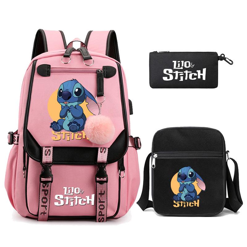 Cute Cartoon Print Backpack Set for Teens Students 3-Piece Set Laptop Bag Pencil Case Crossbody Bag