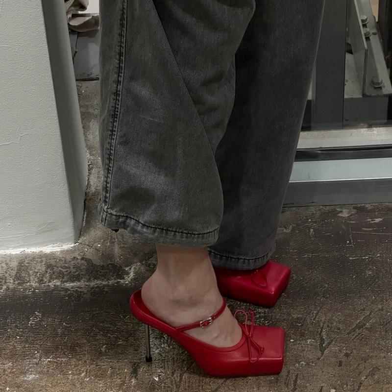 

Fashion New Design Bowknot Square Toe Women Pumps Sexy Buckle Strap Thin High Heels Red Banquet Prom Mule Slippers Shoe Zapatos De Mujer 35