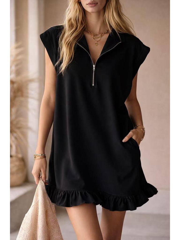 2026 Spring/Summer Women's Sleeveless Zipper V-Neck Ruffle A-Line Dress with Double Pockets