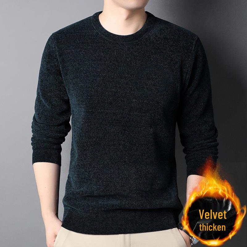 Chenille Men's Thick Knit Sweater - Round Neck, Warm Velvet, Casual Hoodie Pullover