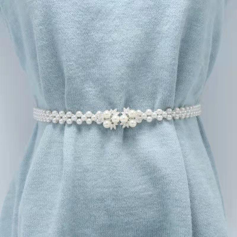 Women's Pearl Elastic Waist Chain for Hanfu and Korean Style Outfits - Versatile Woven Beaded Slimming Accessory