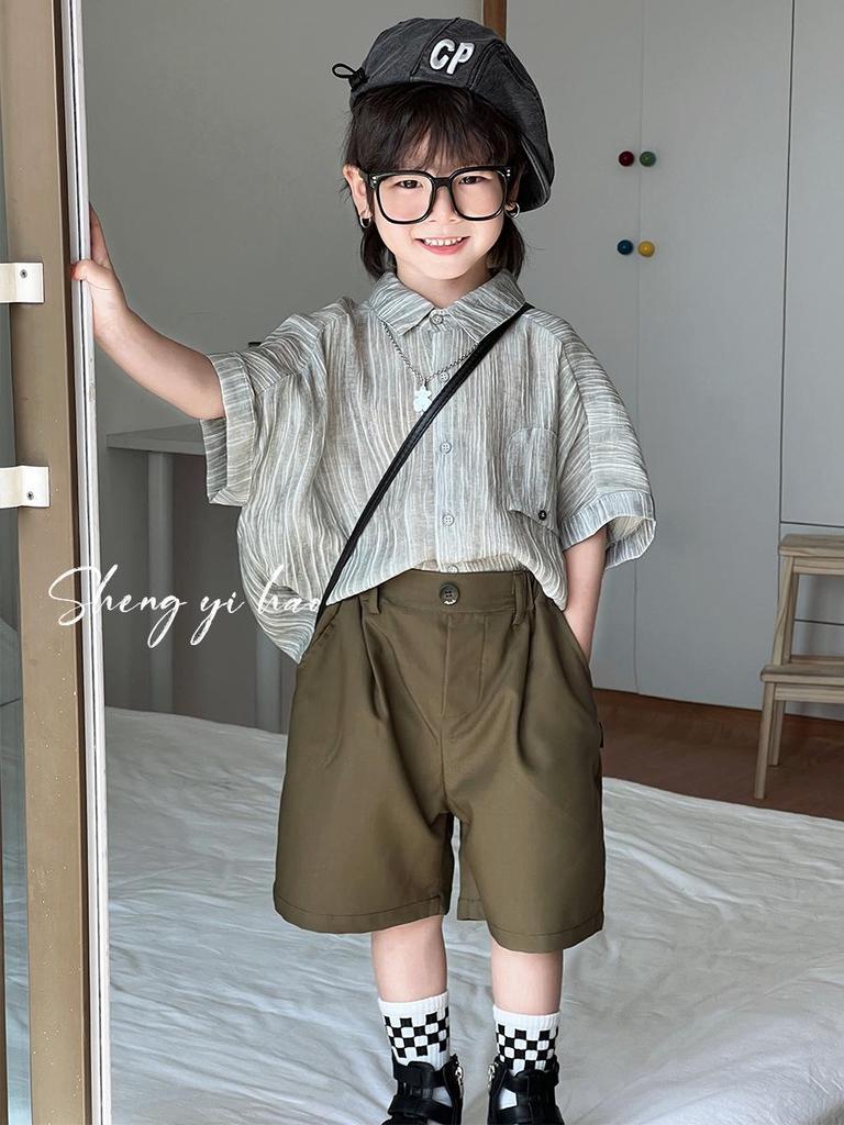 2026 Summer Striped Short-Sleeve Boys' Casual Loose Lapel Shirt Jacket