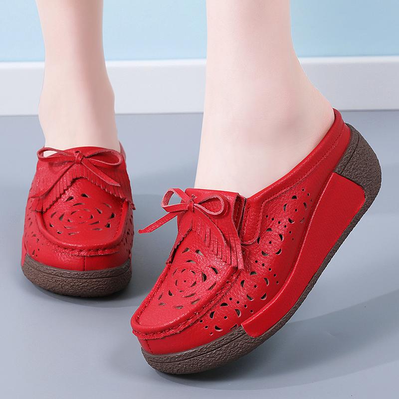 Damen Sandalen mit Höhenabsatz Plateau Loafers Rot Slipper zum Hineinschlüpfen Lässige Clogs Blume Leder Weiße Schuhe für Mutter