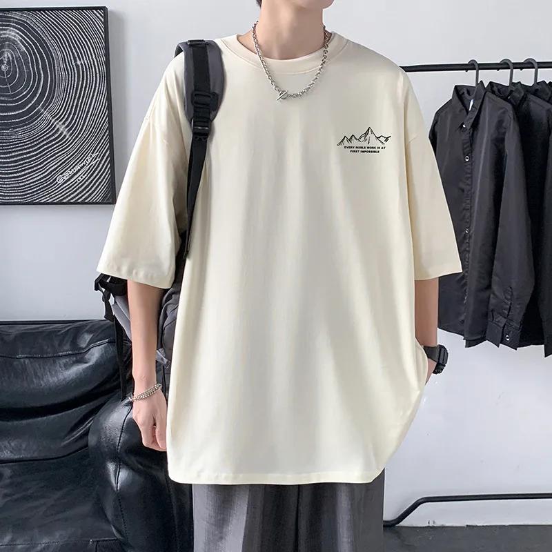 Summer Print Short Sleeve T-shirt Men's Cotton Loose Oversize Box Long Tee Sports Round Neck Top New Fashion Men Clothing