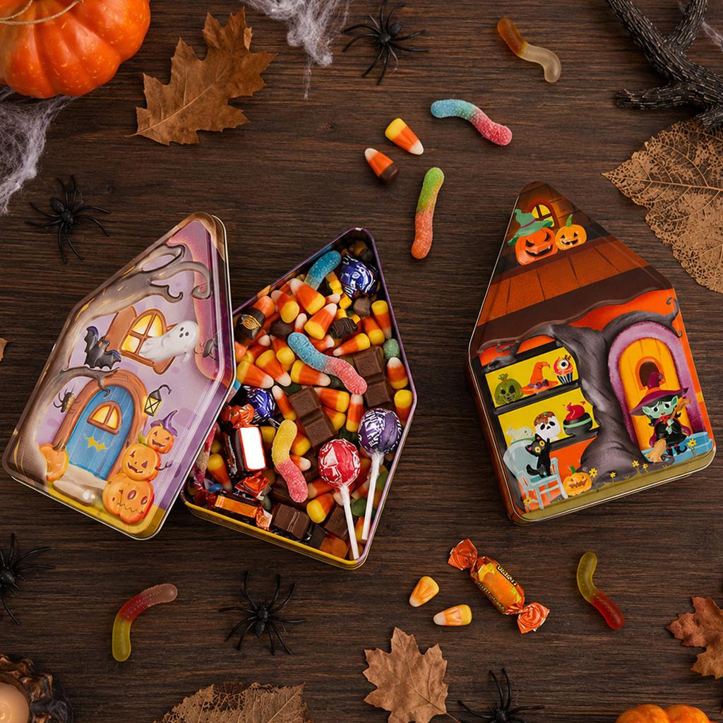 Halloween Themed House Shaped Tin Storage Box Desktop Organizer Container with Lid for Small Items and Office Supplies
