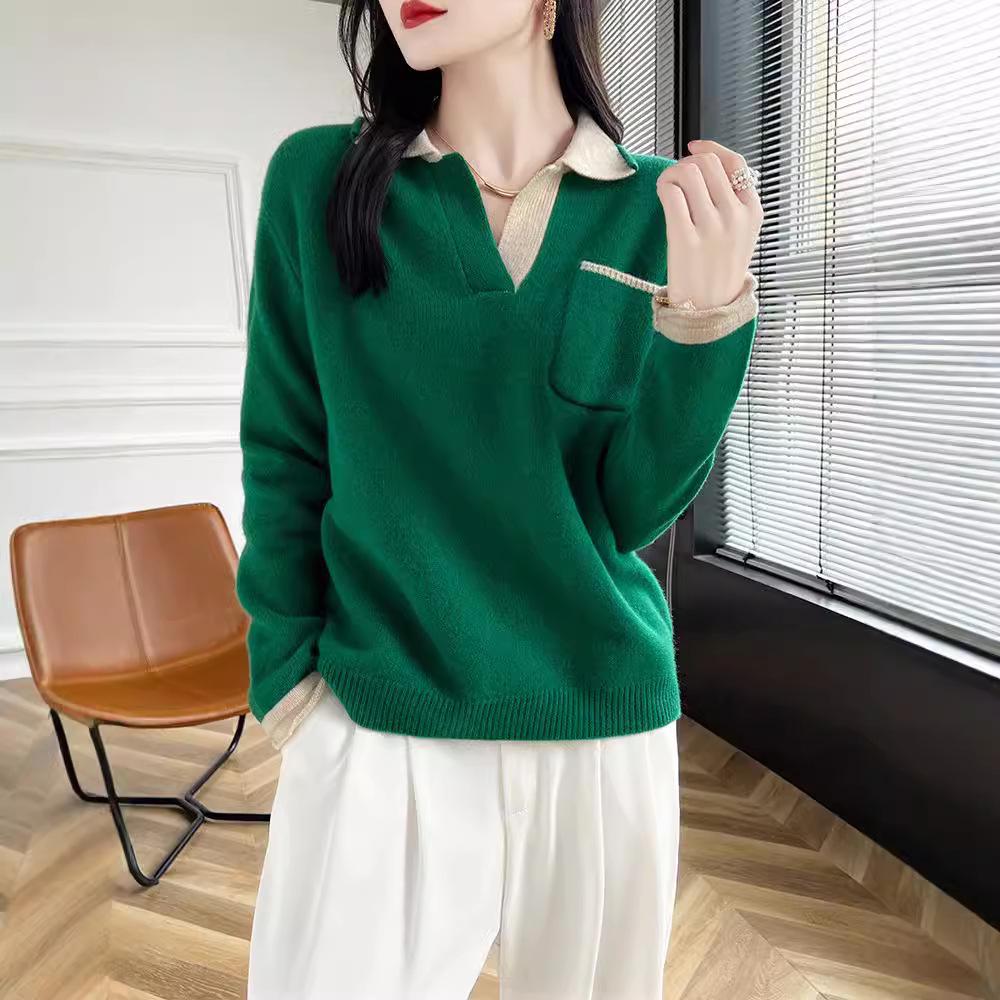 Women's Loose Wool V-Neck Color Block Pullover Sweater - Autumn/Winter Warm Lazy Style