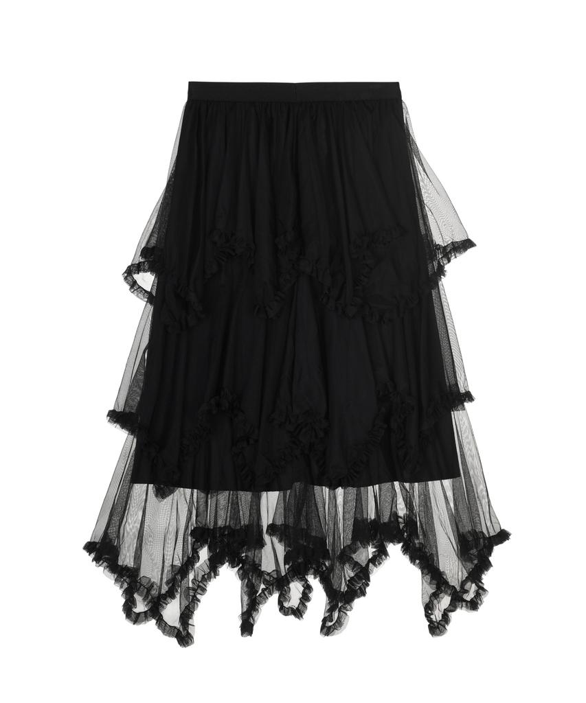 Nigaennikol Layered Frill Tulle Long Skirt_Black