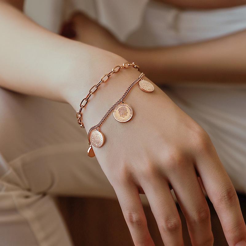 Retro Minimalist Titanium Steel 18K Gold-Plated Women s Coin Bracelet - E134