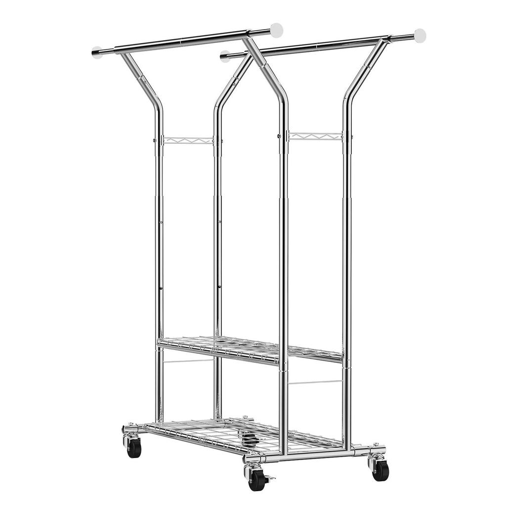 Clothes Rack, Rolling Clothing Garment Rack with 2 Hanging Rods and 2 Storage Shelves, 120 kg Load Capacity, Adjustable Height Carbon Steel Clothing
