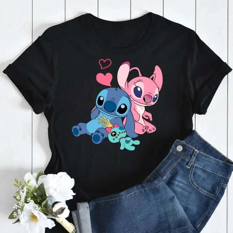 New Disney Women T-shirt Kawaii Lilo Stitch Print Tee Shirts Fashion Short Sleeve T Shirt Female Streetwear Y2k Clothes Top