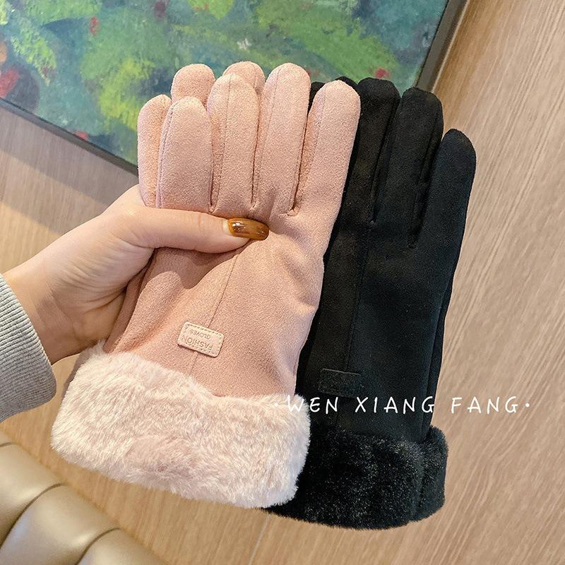 Gloves Women's Winter Riding Cycling Fleece Thickened Warm Cold Windproof Students Winter Suede Five Fingers