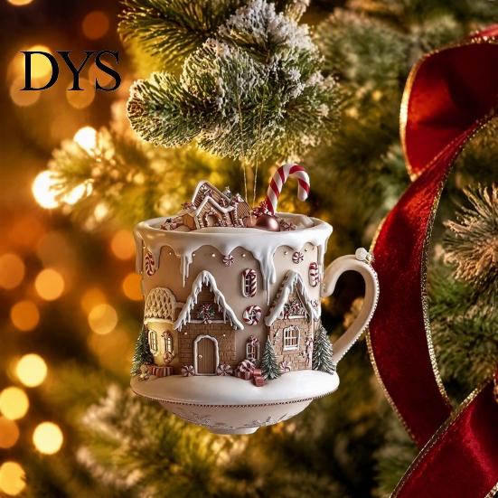 Lightweight Key Chain Accessories 2Pcs Fairy Tale Coffee Cup Snow House Christmas Ornaments, Double-sided Acrylic Gingerbread Tree Decor Hanging