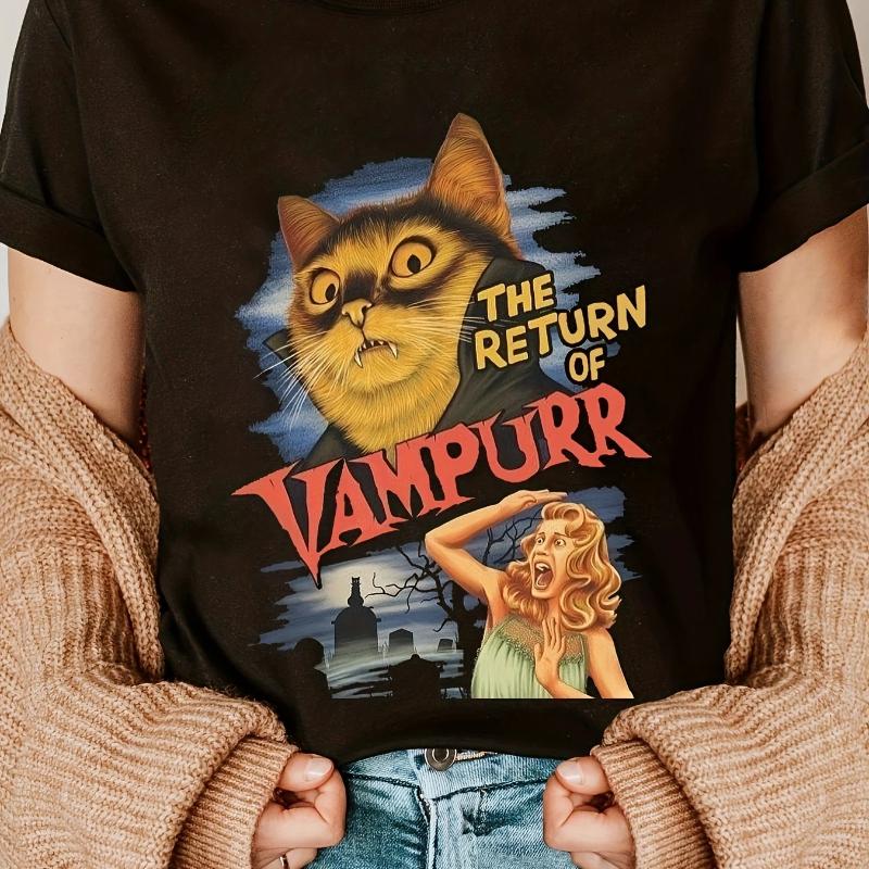 Women's Plus Size Vintage Cat Print T-Shirt "The Return of Vampire" Retro Design Casual Crew Neck Short Sleeve Tee All-Season
