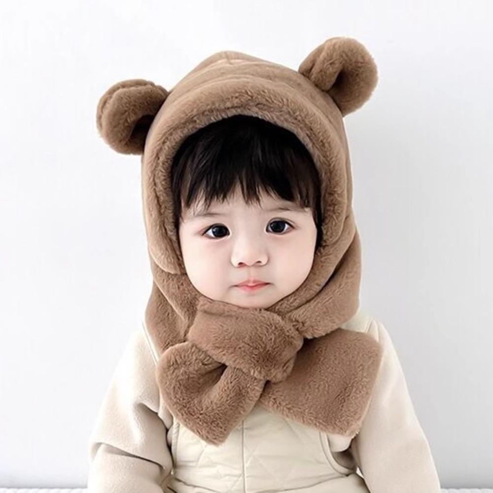 Faux Fur Baby Bear Plush Hat Winter Ear Protection Hats Cute One-Piece Hat Scarf  Kids