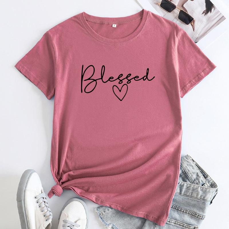 Summer Round Neck Letter Blessed Printed Top Fashionable Casual Short Sleeved Women's Pure Cotton T-shirts