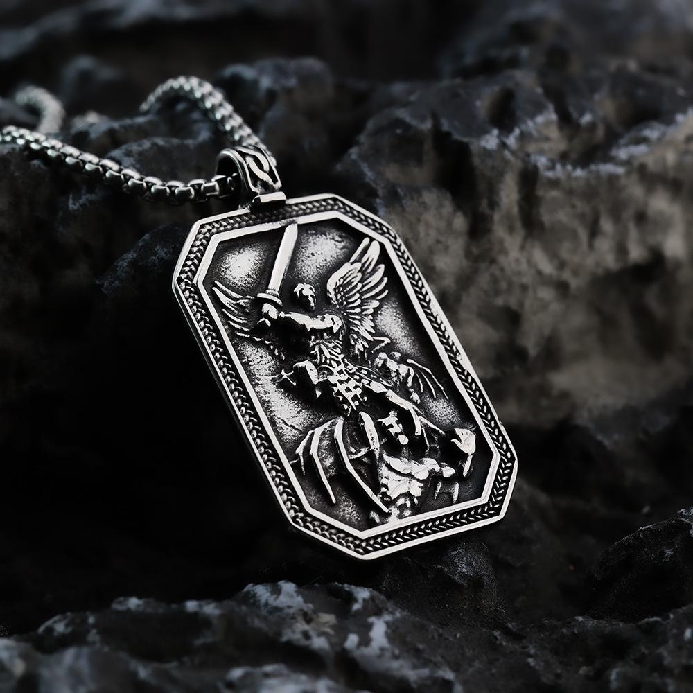 Men's Titanium Steel Necklace with Angel Knight Pendant - Retro Hip Hop Style