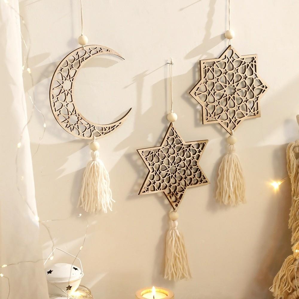 Handmade Moon Star Hollow Mesh Wall Decor Wooden Handicraft Pendant  Ramadan Celebration